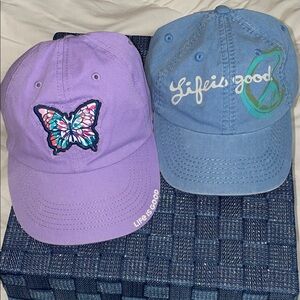 Life Is Good Cap Purple Butterfly and Blue Logo Hats with peace sign .